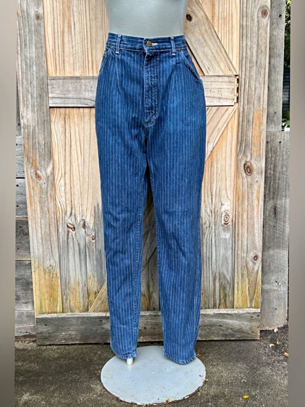 Vintage Retro 80s Lee Pleated Denim Pinstripe High Rise Tapered Mom Jeans~14~USA
